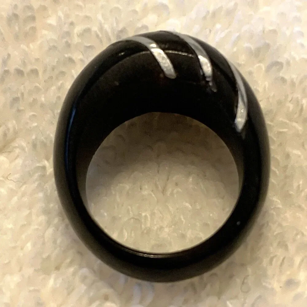 Vintage Bakelite Ring Black Dome w/ Silver Inlay Stripes Chunky Band Size 5